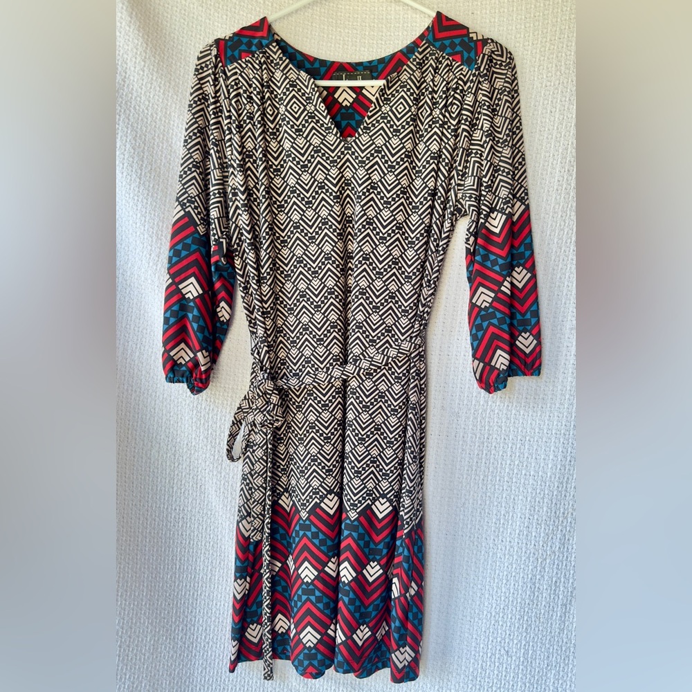 Lux Chevron Pattern Knee Length Dress - Black, Cream, Red, Blue with Tie Waist